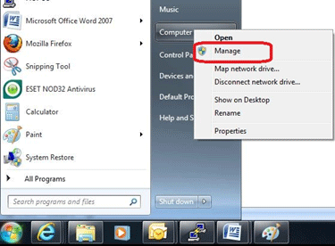 Windows 7 Start Menu, Computer, Manage